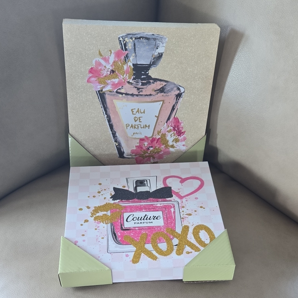Glam Perfume Bottle Canvas Wall Art Set (2) - Pink Gold Glitter Couture Paris